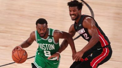 انتفاضة سيلتيكس تحرم ميامي هيت من الانتصار الثالث 5 reuters 2020 09 20 2020 09 20t031050z 59231670 nocid rtrmadp 3 nba playoffs boston celtics at miami heat reuters