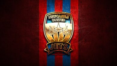 newcastle jets fc golden logo a league red metal background football 1